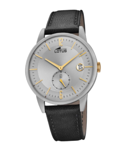 Reloj Lotus esfera gris con brazalete de piel negro con corona de oro amarillo