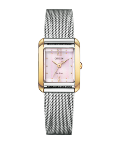 Reloj Citizen esfera rosa con carcasa en oro y brazalete plateado