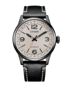 Reloj Citizen esfera beige con numeración en negro y brazalete de piel negro