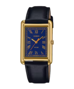 Reloj casio esfera rectangular azul marino con carcasa dorada y correa de pial azul marino