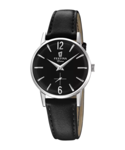 Reloj Festina estilo clásico esfera negra,c arcasa plateada y correa de piel negra