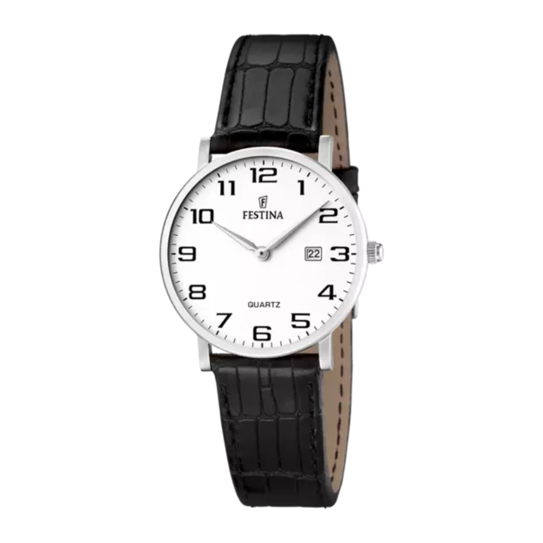 Reloj Festina correa negra esfera blanca estilo clásico